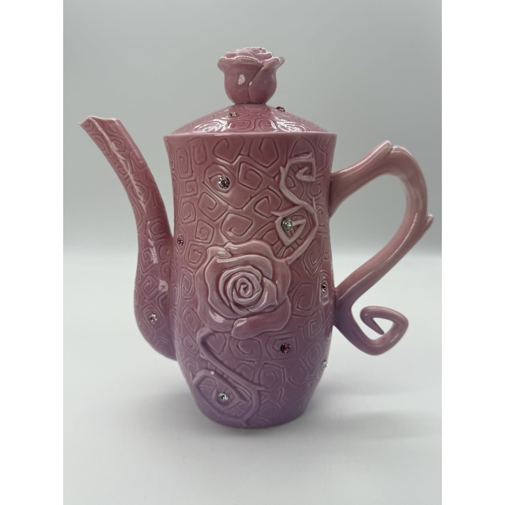 Disney Parks Sleeping Beauty Teapot Maleficent Jewled Ceramic Roses Pink RARE